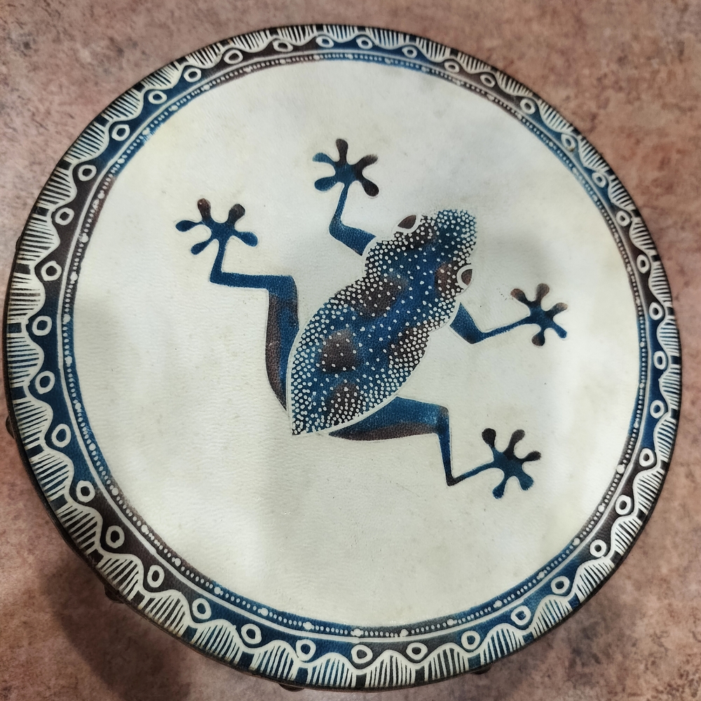 Jamestown Gecko Drum, Goat Skin Hand Play. Wood Bottom Blue Accents